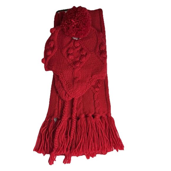 Unbranded Accessories - Womens Thick Red Winter Hat with Braids Baubles Scarf 2pc Set Knitted Pompom NWT